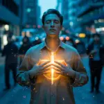 Kinowe, symetryczne ujęcie w średnim planie osoby w nowoczesnym ubraniu, stojącej nieruchomo z zamkniętymi oczami i dłońmi delikatnie położonymi na klatce piersiowej. Klatka piersiowa tej osoby jest półprzezroczysta i jarzy się ciepłym, intensywnym złotym światłem, które przybiera subtelny kształt promiennego królestwa lub krzyża