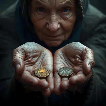 Artystyczna wizja biblijnej wdowy wrzucającej jałmużnę, której serce świeci ciepłym, duchowym blaskiem. W tle Jezus Chrystus obserwuje to wewnętrzne światło, ignorując otaczające bogactwo. Symboliczna ilustracja frazy 'Bóg patrzy na serce' w Świątyni Jerozolimskiej