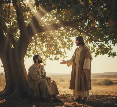 Jezus Chrystus stoi i rozmawia z mężczyzną (Natanael) siedzącym pod drzewem w ciepłym, słonecznym krajobrazie. Scena nawiązuje do J 1, 43-51, gdzie wątpliwości stają się początkiem wielkiej wiary i zaproszenia 'Chodź i zobacz'."