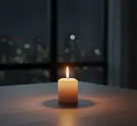 Płonąca świeca na tle nocnego miasta jako symbol bycia światłością świata i dobrych uczynków.