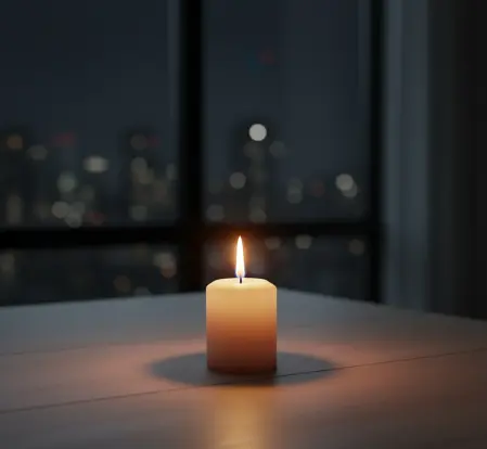 Płonąca świeca na tle nocnego miasta jako symbol bycia światłością świata i dobrych uczynków.