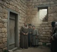 Maria i bracia Jezusa stoją zaniepokojeni przed drzwiami starożytnego domu, z tłumem widocznym w środku.