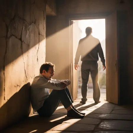 ujęcie wewnątrz słabo oświetlonego pokoju o wyraźnej fakturze (kamień lub stary beton). Mężczyzna siedzi skurczony w kącie, patrząc z przerażeniem na ścianę przed sobą. Na ścianę pada ogromny, wydłużony, majaczący cień. Jednak źródło cienia znajduje się za plecami mężczyzny: otwarte drzwi zalewają pokój ciepłym, pięknym, złotym światłem słonecznym. Sylwetka stojąca w drzwiach (rzucająca cień) jest w rzeczywistości spokojna i zachęcająca (figura Ojca), ale niski kąt padania światła sprawia, że cień wygląda na straszny i zniekształcony.