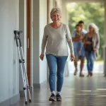 Radosna starsza kobieta o siwych włosach idąca korytarzem bez kul, które stoją oparte o ścianę, symbolizując powrót do zdrowia i niezależności. W tle zamazana rodzina z małym dzieckiem, dodająca kontekst radości i wsparcia.