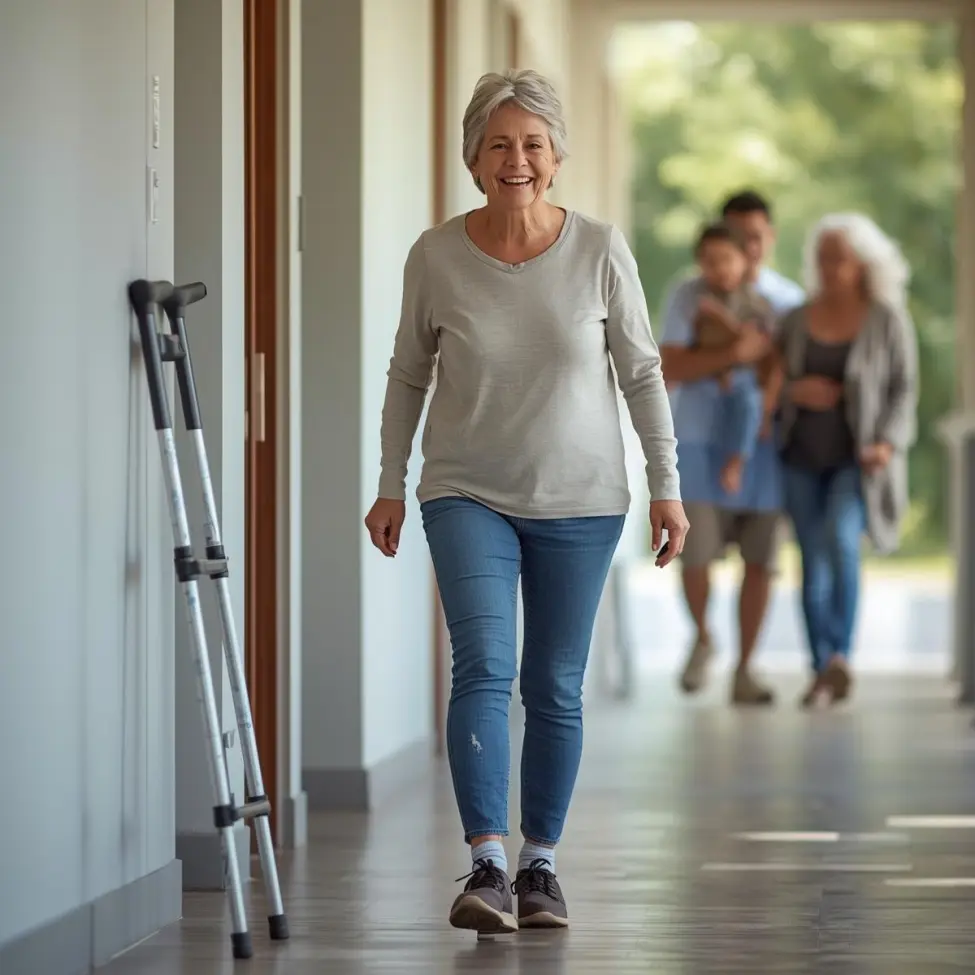 Radosna starsza kobieta o siwych włosach idąca korytarzem bez kul, które stoją oparte o ścianę, symbolizując powrót do zdrowia i niezależności. W tle zamazana rodzina z małym dzieckiem, dodająca kontekst radości i wsparcia.