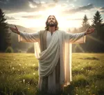 Jezus Chrystus z otwartymi ramionami w geście zaproszenia, patrzący w górę ku wschodzącemu słońcu na zielonej łące, symbolizujący pokój, ukojenie i boskie zaproszenie do odpoczynku dla dusz