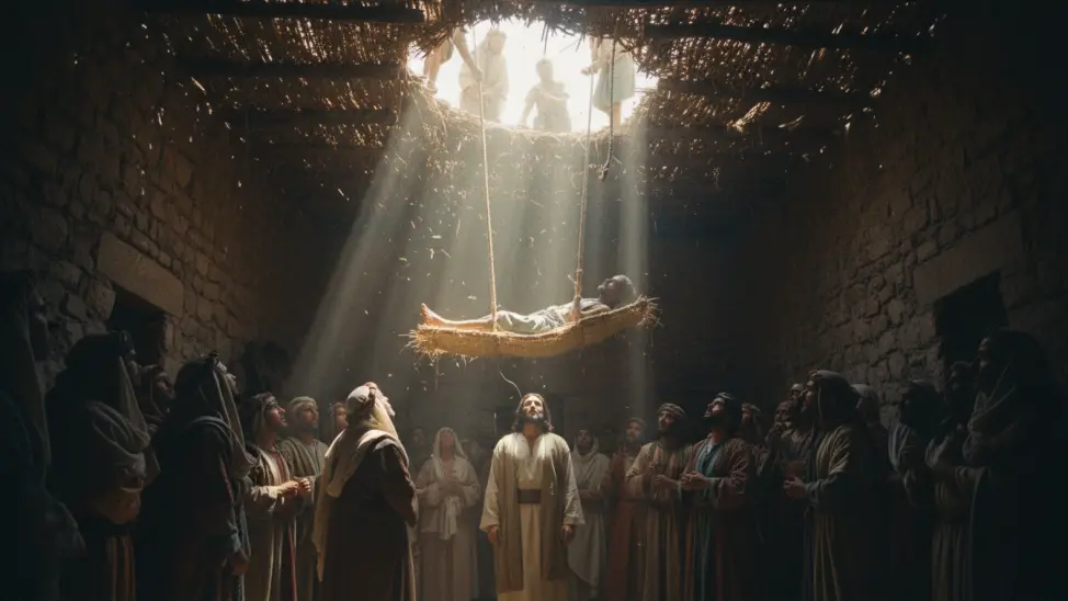 Paralityk na noszach opuszczany przez otwór w dachu do zatłoczonego domu w Kafarnaum, gdzie stoi Jezus