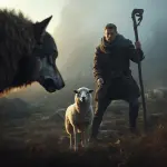 Pasterz broni zagubioną owcę przed wilkiem, symbolizując boską troskę o każdego.