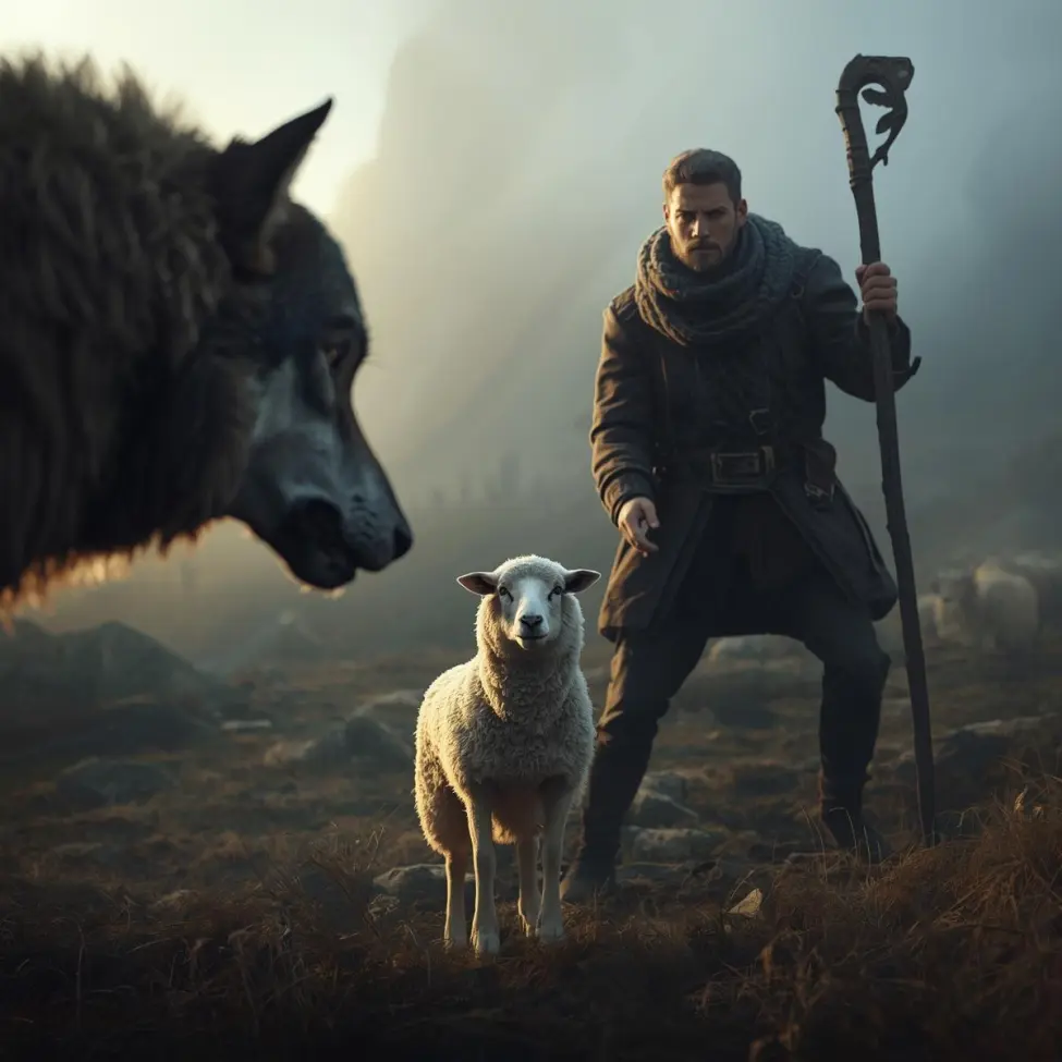 Pasterz broni zagubioną owcę przed wilkiem, symbolizując boską troskę o każdego.