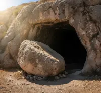 Wejście do grobu wykutego w skale z odsuniętym wielkim kamieniem, ostre słońce.