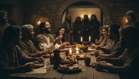 Jezus biesiadujący przy stole z Lewim i celnikami w ciepłym świetle świec.