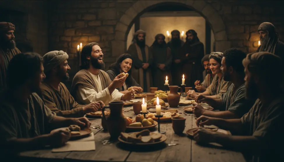 Jezus biesiadujący przy stole z Lewim i celnikami w ciepłym świetle świec.