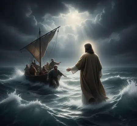 Jezus idący po wzburzonym morzu w stronę przestraszonych uczniów w łodzi podczas burzy.
