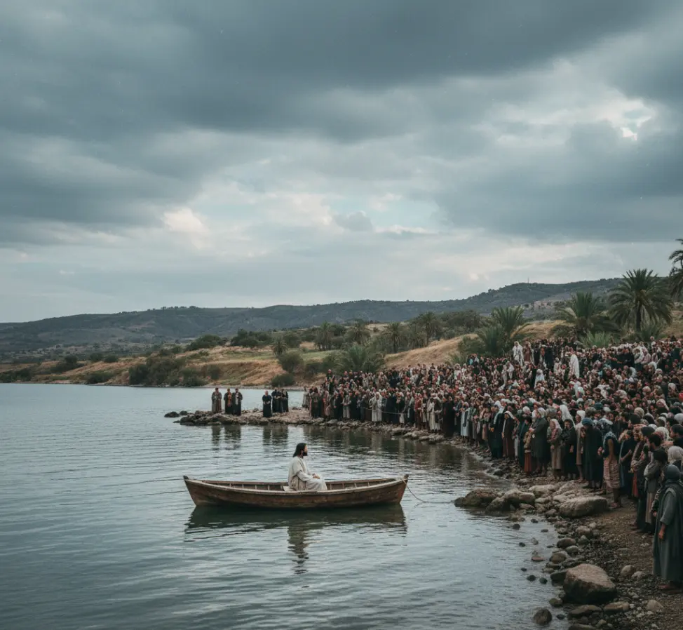 Jezus siedzący w łodzi rybackiej na Morzu Galilejskim, nauczający tłum ludzi zgromadzony na skalistym brzegu.