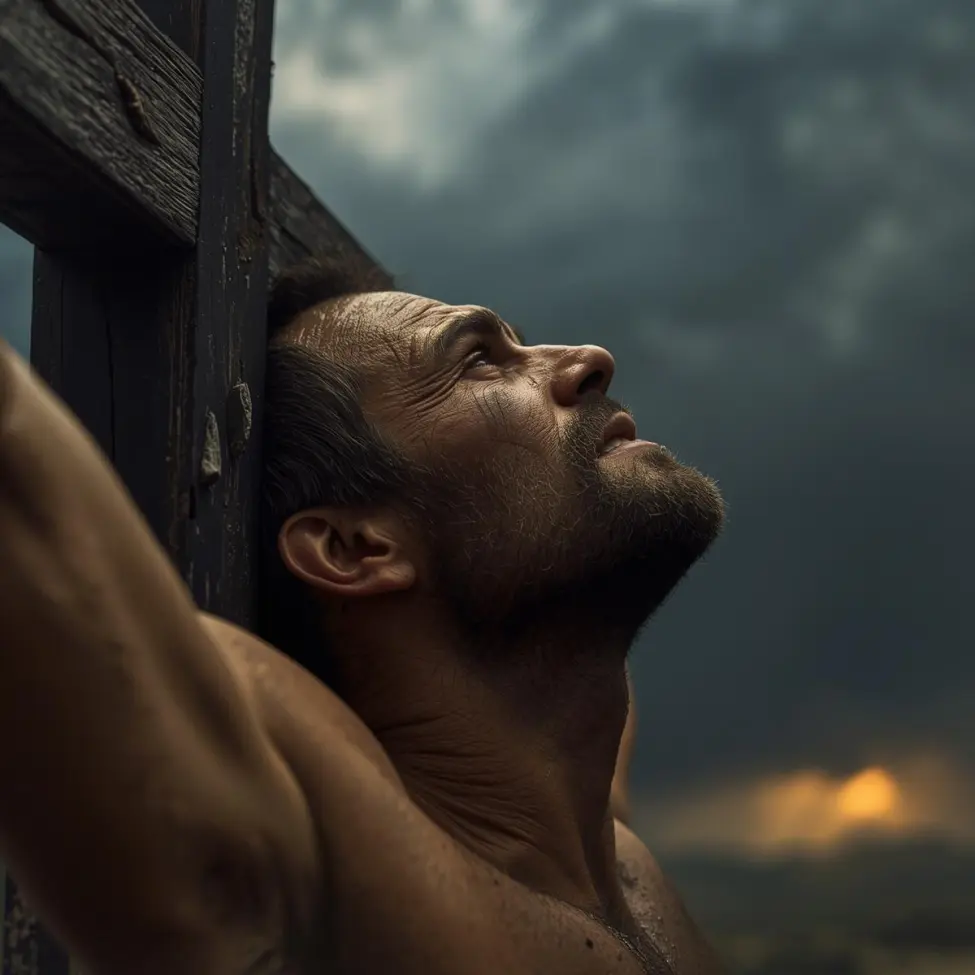 Portret Dobrego Łotra na krzyżu. Zbliżenie na twarz pełną nadziei oświetloną boskim światłem na tle burzowego nieba. Głowa oparta o surowe drewno krzyża, symbol odkupienia w ostatniej chwili