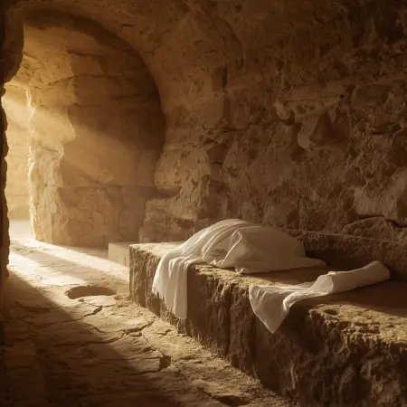 Wnętrze surowego grobu wykutego w skale, rozświetlone delikatnym blaskiem wschodzącego słońca wpadającym przez niskie wejście. Na kamiennym łożu leżą starannie złożone białe, lniane płótna (całun) oraz osobno zwinięta chusta na głowę, symbolizujące tajemniczą nieobecność ciała