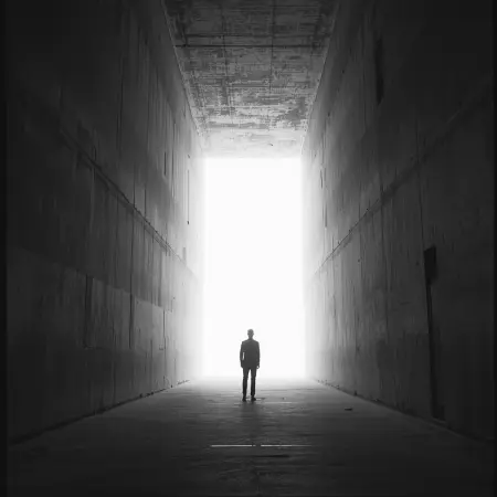 Czarno-biała fotografia artystyczna przedstawiająca sylwetkę człowieka stojącą w ciemności naprzeciw oślepiającego światła, symbol zmartwychwstania i życia wiecznego inspirowany Ewangelią Łukasza 20