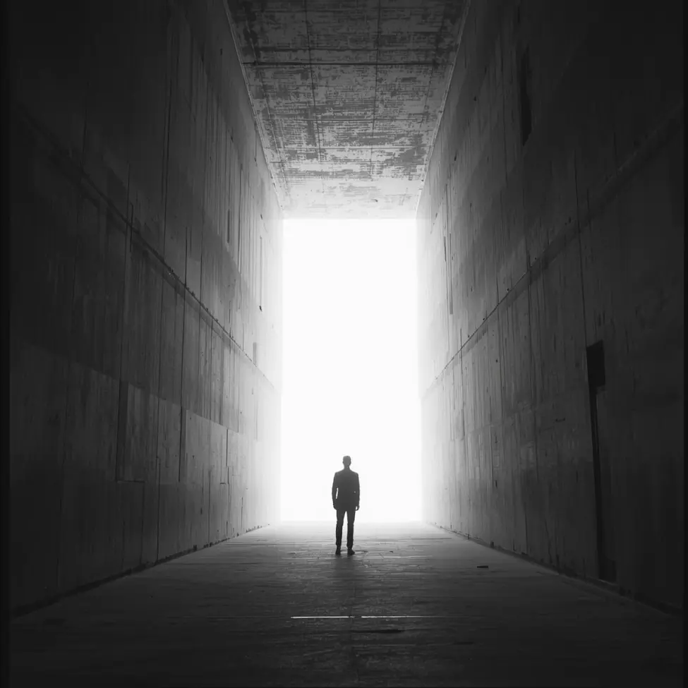 Czarno-biała fotografia artystyczna przedstawiająca sylwetkę człowieka stojącą w ciemności naprzeciw oślepiającego światła, symbol zmartwychwstania i życia wiecznego inspirowany Ewangelią Łukasza 20