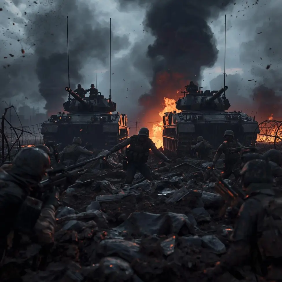 Scena bitewna przedstawiająca czołgi i żołnierzy w walce wręcz, ilustrująca biblijne proroctwo o narodzie powstającym przeciw narodowi