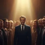 Samotna postać stoi z niezachwianą godnością stawiając czoło niewyraźnym sylwetkom oskarżycieli. Jej postawa emanuje spokojem i wewnętrzną siłą, sugerując obietnicę, że w obliczu prześladowań Duch przemówi przez nią