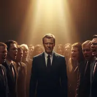 Samotna postać stoi z niezachwianą godnością stawiając czoło niewyraźnym sylwetkom oskarżycieli. Jej postawa emanuje spokojem i wewnętrzną siłą, sugerując obietnicę, że w obliczu prześladowań Duch przemówi przez nią