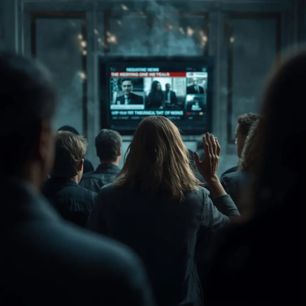 wizja lęku egzystencjalnego i przytłoczenia negatywnymi wiadomościami, ilustrująca fragment Ewangelii Łukasza o czasach ostatecznych i ludzkiej bezradności.