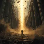 pokojna postać w strugach światła pośród ruin i walących się budynków, symbolizująca nadzieję i wiarę chrześcijańską w czasie kryzysu – ilustracja do Ewangelii Łk 21, 5-19 o końcu czasów i wytrwałości.