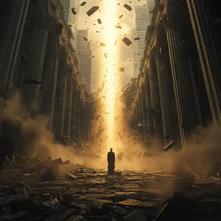 pokojna postać w strugach światła pośród ruin i walących się budynków, symbolizująca nadzieję i wiarę chrześcijańską w czasie kryzysu – ilustracja do Ewangelii Łk 21, 5-19 o końcu czasów i wytrwałości.