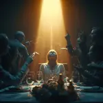 Konflikt wiary w rodzinie inspirowana Ewangelią wg św. Łukasza 21, 12-19. Samotna postać zachowująca wewnętrzny pokój mimo odrzucenia i gniewu ze strony najbliższych przy wspólnym stole.