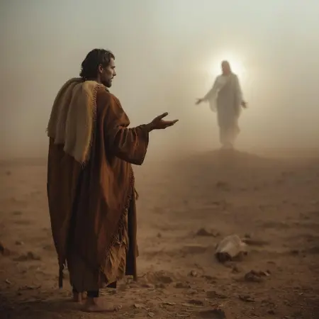 Jan Chrzciciel na pustyni, wskazujący drogę, symbolizujący nadejście Mesjasza, którego ludzie nie rozpoznali, odrzucając jego wezwanie do pokuty.