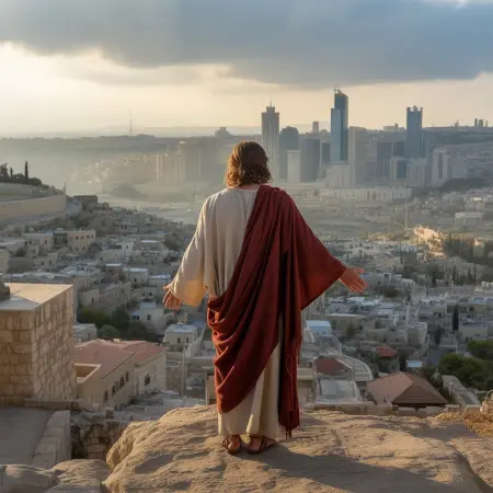 Kinowe ujęcie szerokie zza pleców Jezusa (widok znad ramienia). Stoi On na skalistym wzgórzu (Góra Oliwna), ubrany w starożytne szaty, patrząc w dół na rozległe miasto. Miasto zaczyna się jako starożytne kamienne mury na pierwszym planie, ale płynnie przechodzi w nowoczesną panoramę ze szkła i betonu, wypełnioną smogiem i cyfrowymi billboardami w oddali. Jezus ma wyciągniętą rękę, jakby próbował powstrzymać nadchodzącą burzę.
