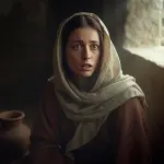 Maryja z wyrazem zaskoczenia i niepokoju na twarzy, rozważająca słowa Anioła Gabriela o poczęciu Jezusa. Ubrana w tradycyjny strój, w skromnym, słabo oświetlonym pomieszczeniu z I wieku