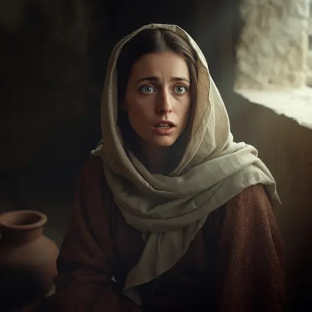 Maryja z wyrazem zaskoczenia i niepokoju na twarzy, rozważająca słowa Anioła Gabriela o poczęciu Jezusa. Ubrana w tradycyjny strój, w skromnym, słabo oświetlonym pomieszczeniu z I wieku