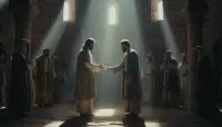 Jezus w synagodze uzdrawiający mężczyznę z wyciągniętą, uschłą ręką.