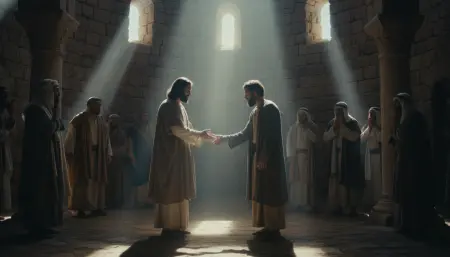 Jezus w synagodze uzdrawiający mężczyznę z wyciągniętą, uschłą ręką.