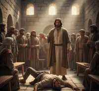 Jezus nauczający w synagodze, uzdrawiający opętanego człowieka w otoczeniu tłumu, I wiek.