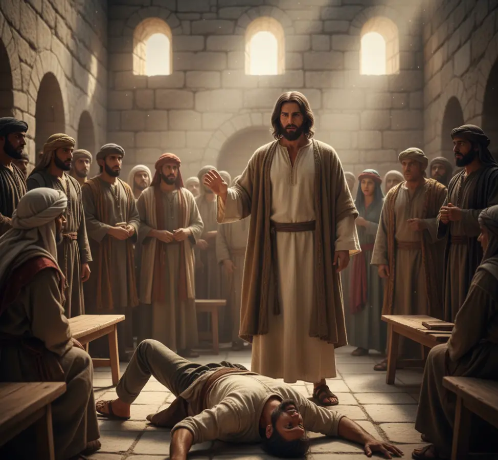 Jezus nauczający w synagodze, uzdrawiający opętanego człowieka w otoczeniu tłumu, I wiek.