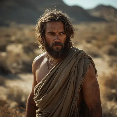 Naturalistyczne przedstawienie Jana Chrzciciela jako pustynnego wędrowca, proroka i prekursora mesjasza, w kontekście chrztu Jordańskiego. Ikonografia biblijnej postaci, odzwierciedlająca duchowość i odosobnienie na tle krajobrazów Pustyni Judzkiej.