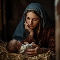 Maryja, siedząca w szopie, zamyślona, patrząca na Dzieciątko w żłobie lub w dłoniach. Jej twarz wyraża głęboką refleksję i miłość, odzwierciedlając słowa "zachowywała wszystkie te słowa, rozważając je w swoim sercu"