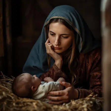 Maryja, siedząca w szopie, zamyślona, patrząca na Dzieciątko w żłobie lub w dłoniach. Jej twarz wyraża głęboką refleksję i miłość, odzwierciedlając słowa "zachowywała wszystkie te słowa, rozważając je w swoim sercu"