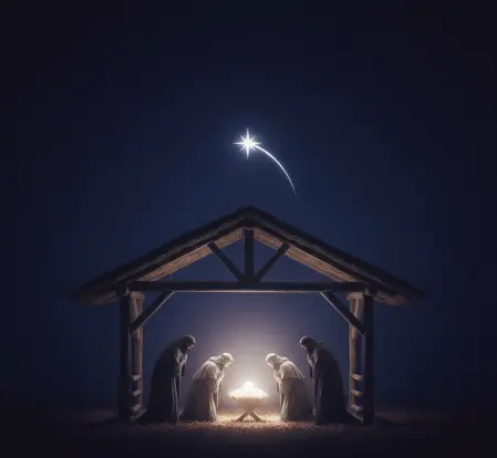 Mędrcy ze Wschodu (trzej królowie) klęczący przy żłóbku, w którym leży Dzieciątko Jezus, pod rozgwieżdżonym niebem z jasną gwiazdą betlejemską.