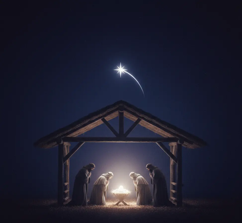 Mędrcy ze Wschodu (trzej królowie) klęczący przy żłóbku, w którym leży Dzieciątko Jezus, pod rozgwieżdżonym niebem z jasną gwiazdą betlejemską.