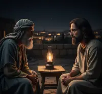Jezus i Nikodem w trakcie nocnej rozmowy na dachu przy lampie.