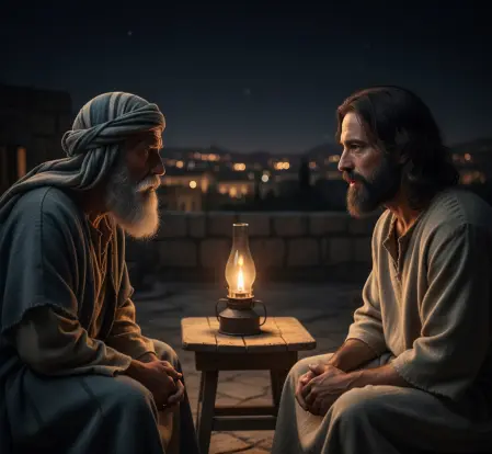 Jezus i Nikodem w trakcie nocnej rozmowy na dachu przy lampie.