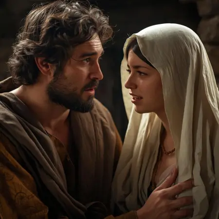 Józef i Maryja w intensywnej rozmowie; na twarzy Józefa widać zdziwienie i niepokój po dowiedzeniu się o ciąży Maryi. Maryja patrzy na niego z troską, próbując wytłumaczyć sytuację. Scena biblijna przedstawiająca początek ich wspólnej drogi i wyzwań.