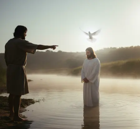 Jan Chrzciciel wskazujący na Jezusa Chrystusa stojącego w rzece, nad którym unosi się gołębica symbolizująca Ducha Świętego. Obraz ilustruje J 1, 29-34, gdzie prorok przyznaje, że nie znał Boga, a Duch objawił mu Jego tożsamość.