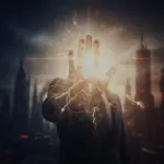 Dłoń w geście 'stop' blokująca boskie światło, symbolizująca ludzką kalkulację odrzucającą Boży znak.