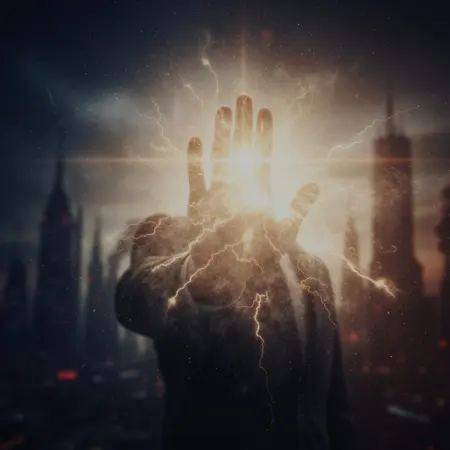 Dłoń w geście 'stop' blokująca boskie światło, symbolizująca ludzką kalkulację odrzucającą Boży znak.