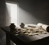 Stół celnika z rzymskimi monetami oświetlony blaskiem łaski. Powołanie Lewiego jako znak Bożego miłosierdzia.