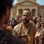 Niemy Zachariasz, który po spotkaniu z aniołem stracił mowę z powodu braku wiary, próbuje komunikować się z ludźmi poza świątynią, symbolizując cenę zwątpienia w Boże obietnice.